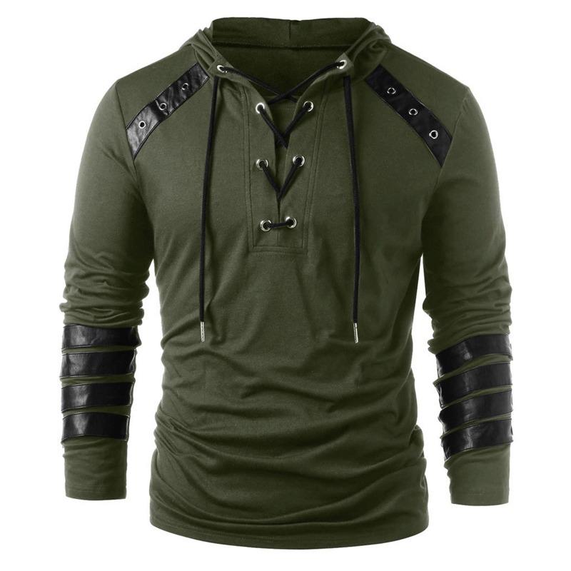 Heren winter trekkoord vintage leer patchwork lange mouwen hooded tops blouses