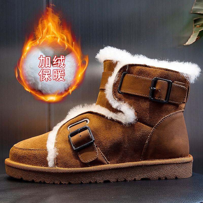 Wool snow boots women's winter velvet thickened flat-bottomed high-heeled medium tube cotton short boots locomotive women's shoes cold-proof