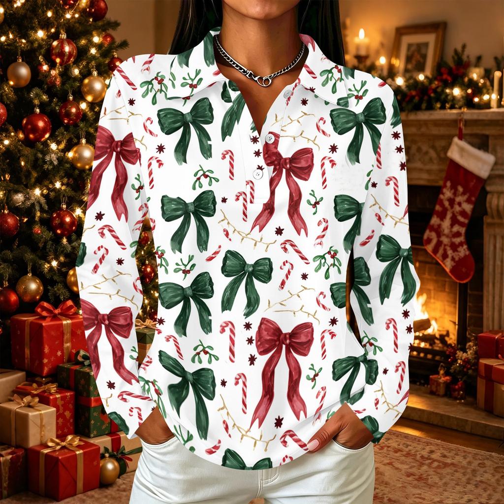 Women's Casual Christmas Print Button Down Long Sleeve Shirt with Collar and Side Slits