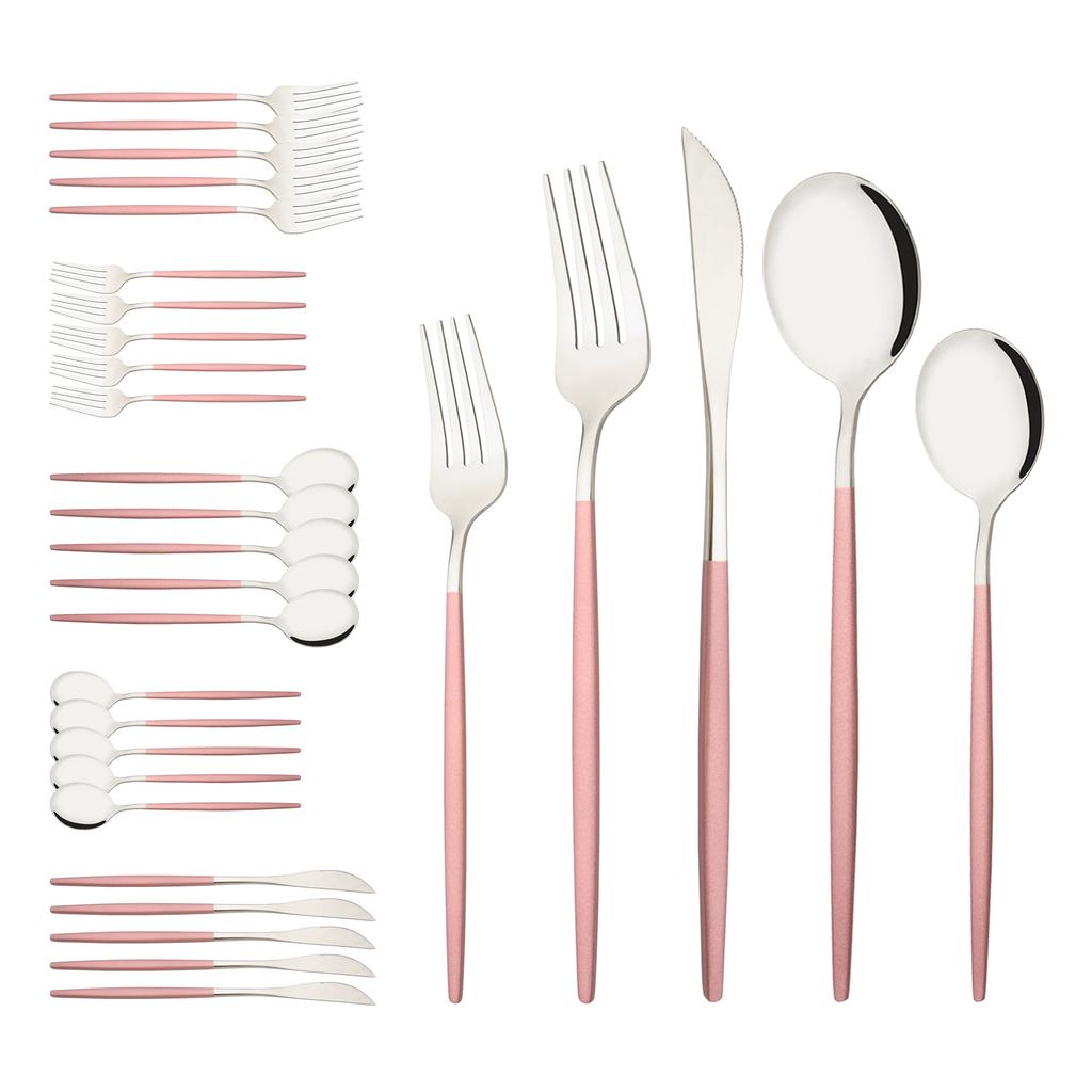 Set di posate con manico rosa da 30 pezzi, Servizio di posate in acciaio inossidabile per 6 persone, Coltelli, forchette, cucchiai moderni, Lucidatura a specchio