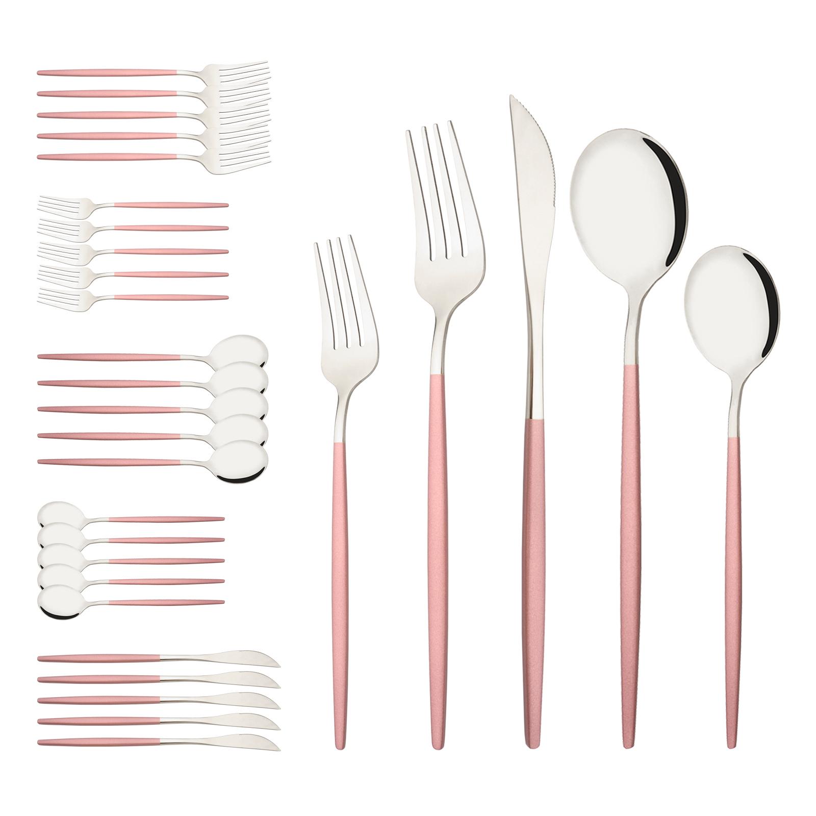 

30-Piece Pink Handle Cutlery Set, Stainless Steel Flatware Silverware Service for 6 People, Modern Knives Forks Spoons, Mirror Polished розовый/серебряный