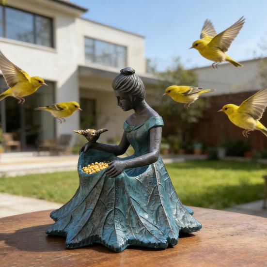 Fairy Garden Statue Bird Feeder And Bird Bath Resin Outdoor Decorative Girl Sculpture for Garden Lawn Patio Yard Decor