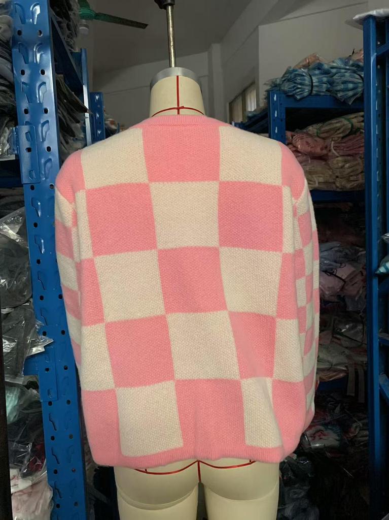 2024 Winter European & American Plaid Lace-up Cardigan Women's Knit Top
