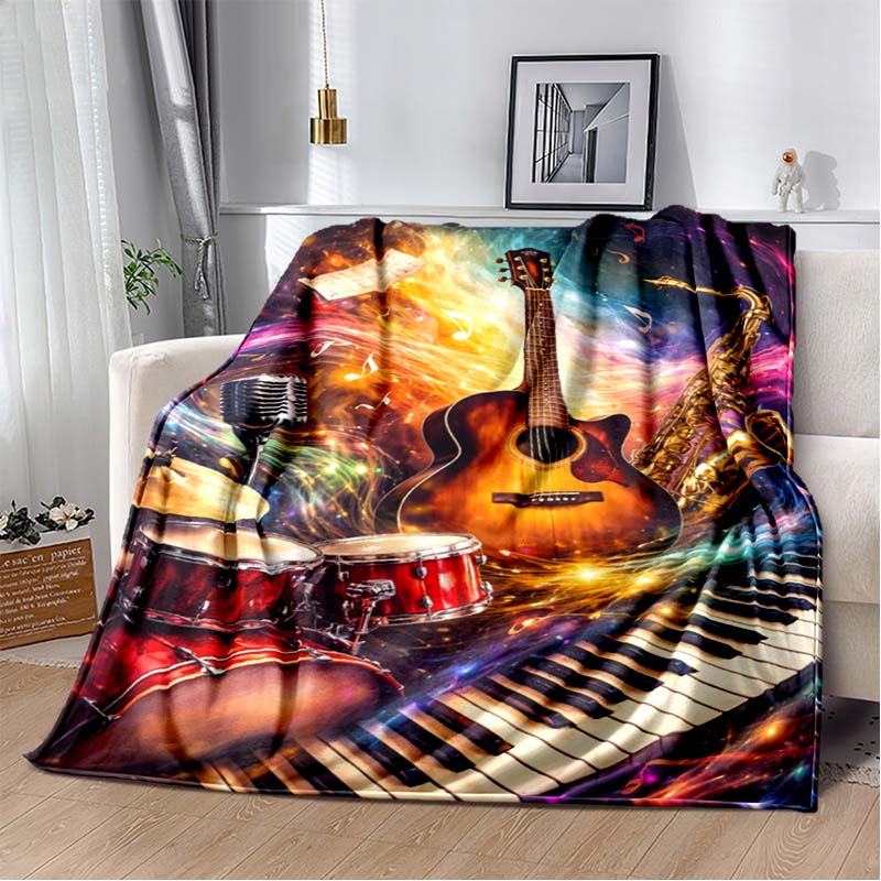 Tropical Beach Electric Guitar Print Flannel Blanket, Palm Tree & Amp Throw Blanket