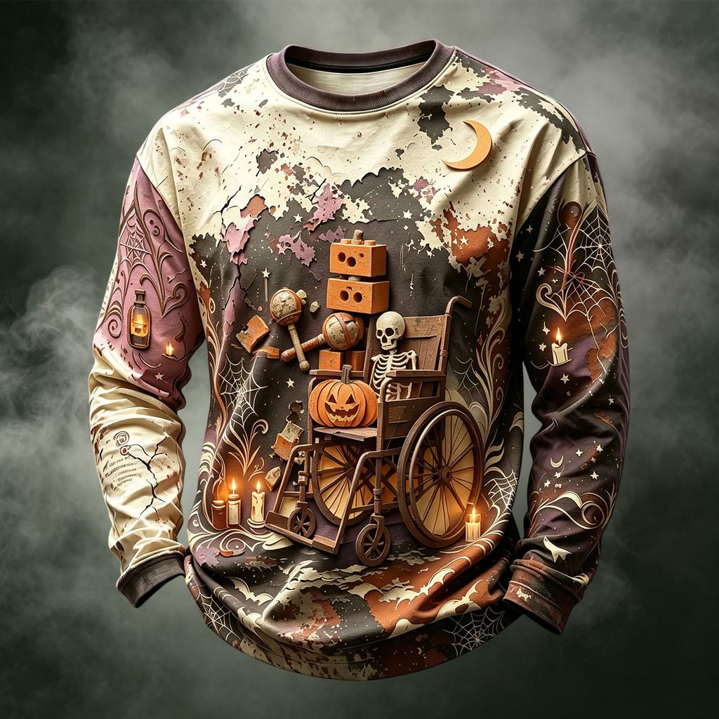 Men's Casual Knit Long Sleeve Neck T-Shirt with Halloween Print