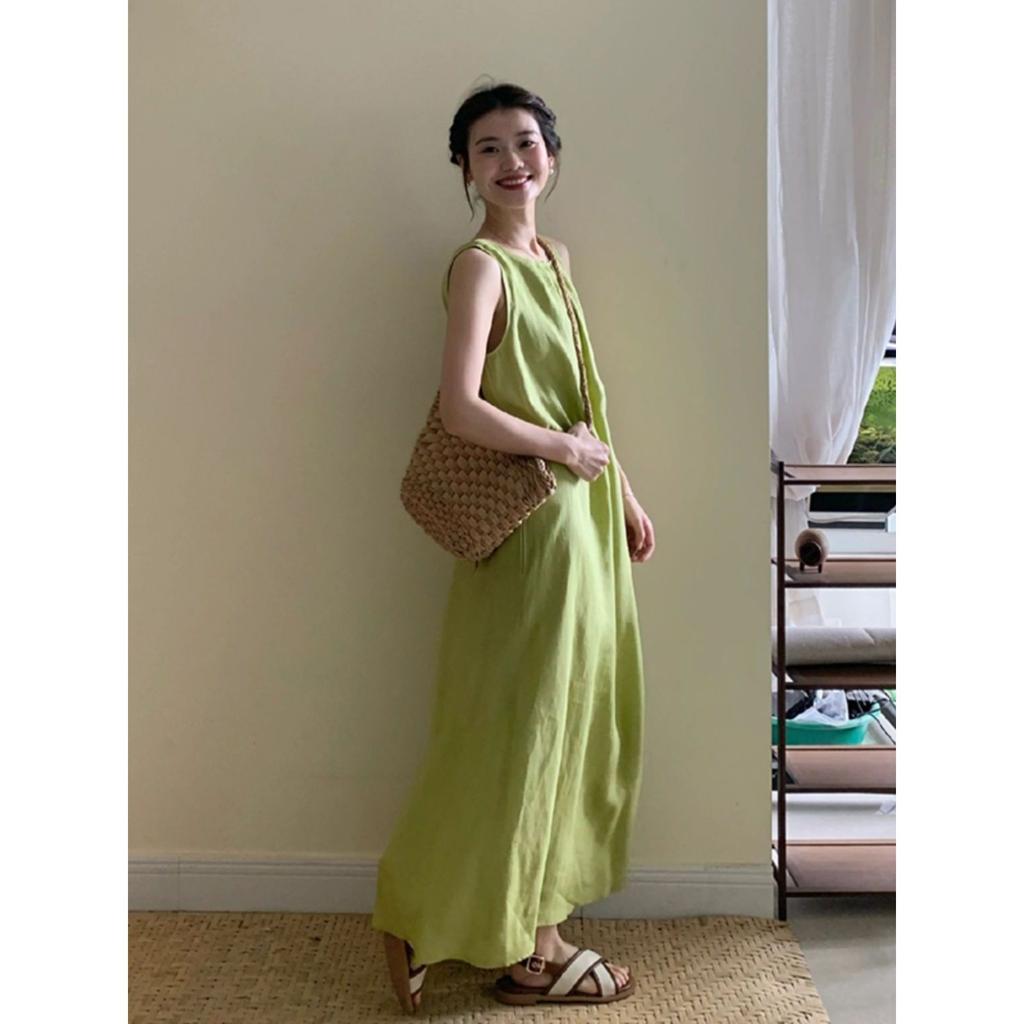 French simple sleeveless dress women's summer new avocado green thin and chic loose suspender skirt