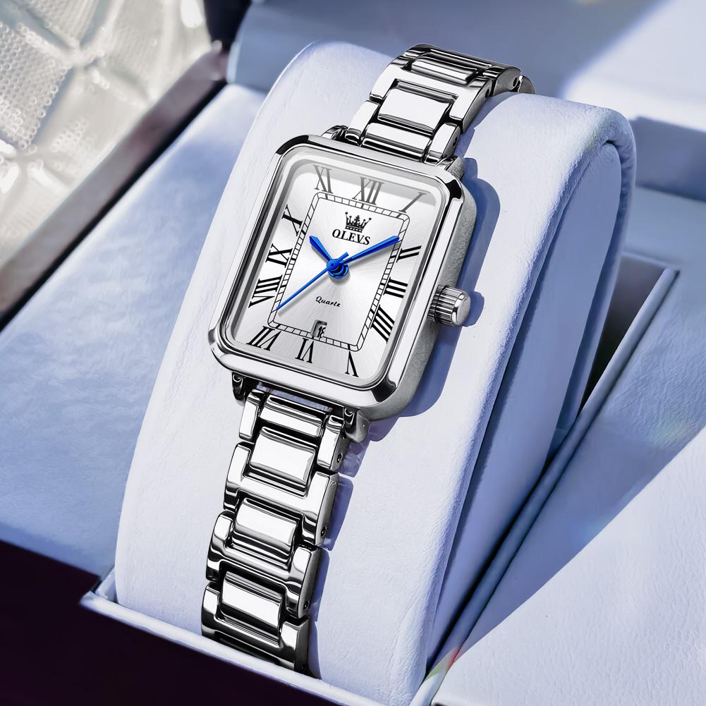 OLEVS Women's Watches 5641 Luxury Fashion Square Original Quartz Watch for Lady Rose white Dial Waterproof Date Stainless Steel