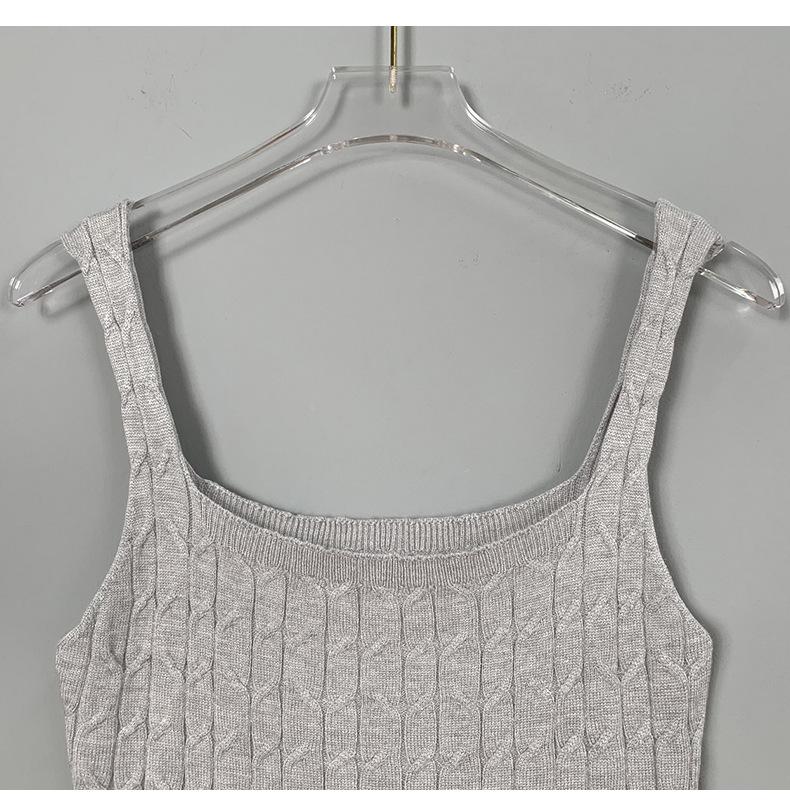 Korean Square Neck Spaghetti Strap Knit Dress - Waist-Cinched, Tight-Fitting, Hip-Hugging