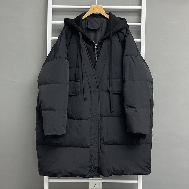 

2024 осень и зима новый средний и длинный пуховик женская одежда корейская версия сращивание свитер шапка поддельные две части свободное пальто прилив One size чёрный