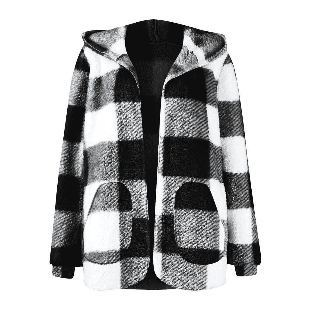 Women's Casual Plush Long Sleeve Plaid Hooded With Pocket Loose Cardigan Coat