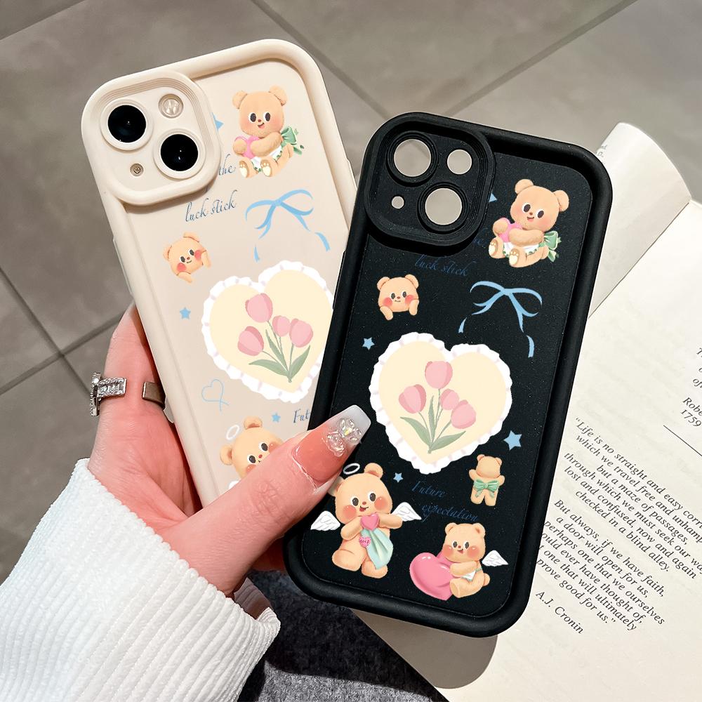 Silikonový kryt s kresleným vzorem květiny a medvěda pro iPhone 16 15 Pro Max Redmi Note 13 12 11 Pro Samsung S24 Plus S24 Ultra A52 A72 A54