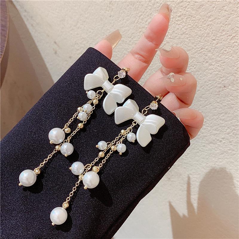 Korean Simple Imitation Pearl White Bowknot Long Tassel Earring for Women Personality Geometry Ear Jewelry Korean Fashion