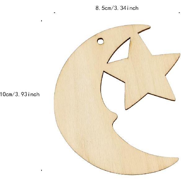 32 Pack Wooden Moon and Star Cutouts - Glitter Crescent Hanging Ornaments, Gift Tags for Home Party Decoration, Craft Project