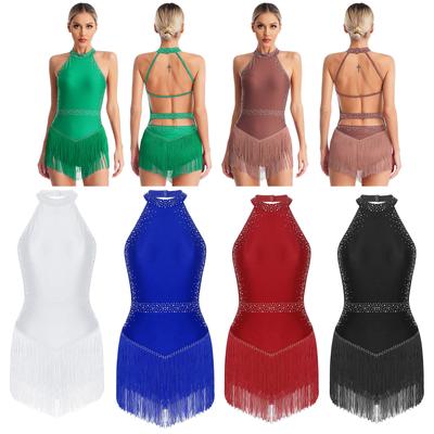 Women Rhinestone Latin Dance Leotard Fringe Salsa Cha-cha Rumba Ballroom Dance Costume Cocktail Dress
