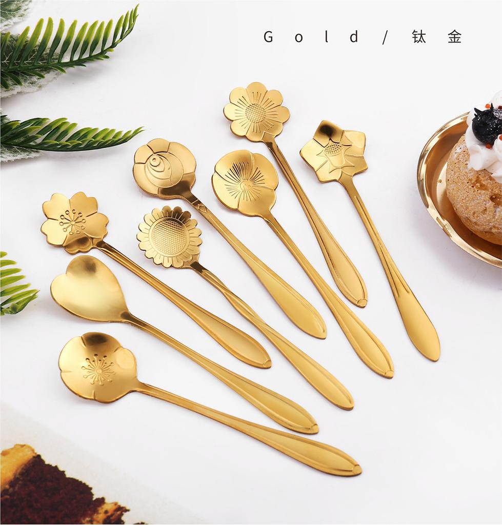 8pcs Teaspoons Set Stainless Steel Spoon Cherry Rose Gold Silver Scoop Coffee Spoon Christmas Gift Kitchen Accessories Tableware