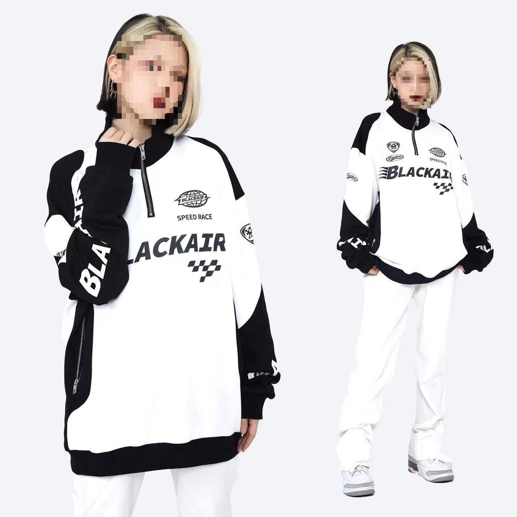 Unisex Retro Colorblock Racing Sweatshirt - Spring/Autumn Trendy Half-Zip Motorcycle Jacket.