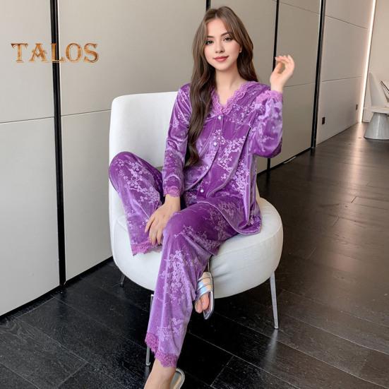 2 шт./комплект осень-зима женская пижама костюм кружевная отделка V-образный вырез принт — фото 5