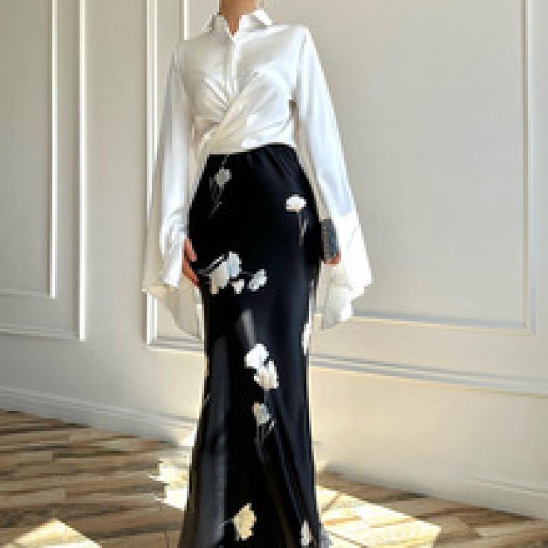 2025 Autumn European & American Satin Shirt and Bodycon Skirt Set with Flared Sleeves and Turn-Down Collar for Women