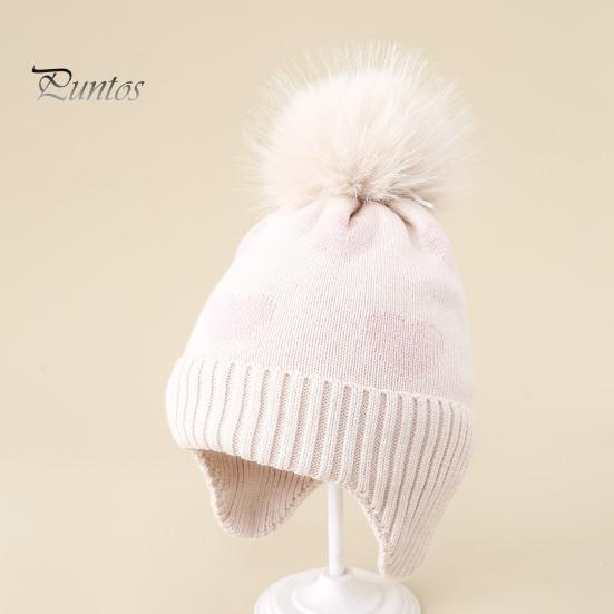 Elastic Ear Protection Cap Kids Winter Knit Hat, Warm Soft Cute Pompom Cozy Gift for Children Heart Pattern, Earflap Hat Boys Girls Toddlers Pom