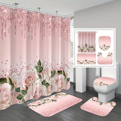 4 peças rosa rosa cortina de chuveiro à prova d'água com 12 ganchos antiderrapante banheiro tapete toalete em forma de U tampa do vaso sanitário capa almofada