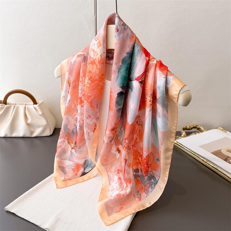 Luxury Floral Printed Square Scarf For Women Imitation Silk Scarves Bandanas Hijab Neckerchief Elegant Shawl Wraps
