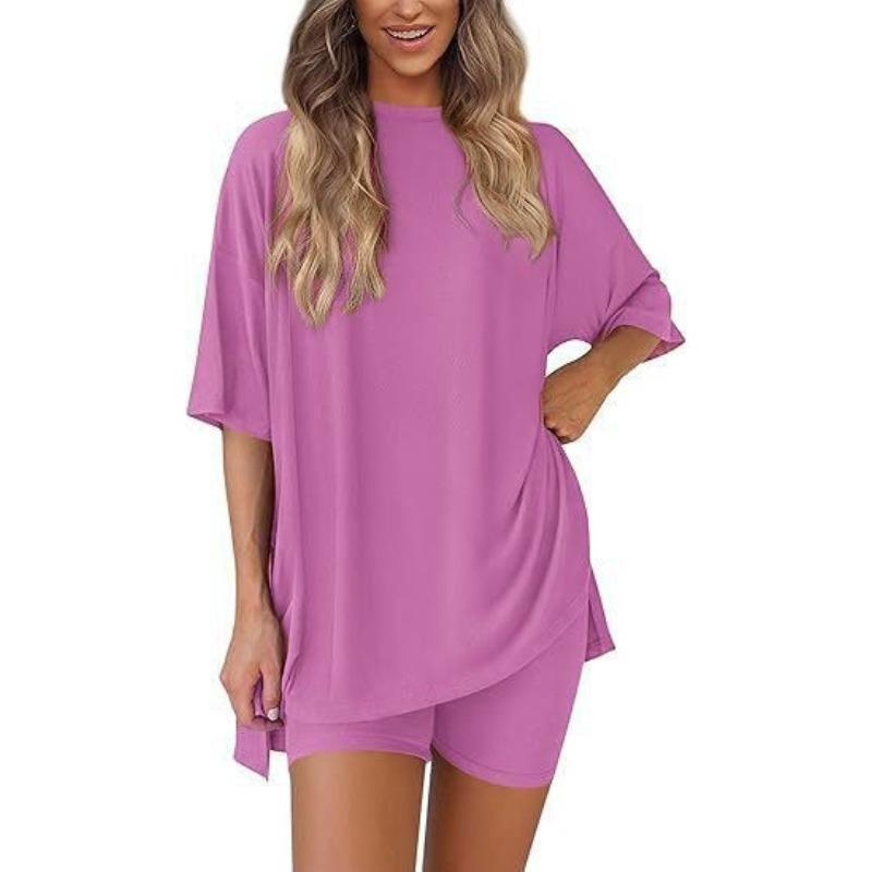 Women's Crew Neck Half Sleeve Oversized T Shirt Biker Shorts Loungewear Two Piece Pajama Set Casual Solid Outfit