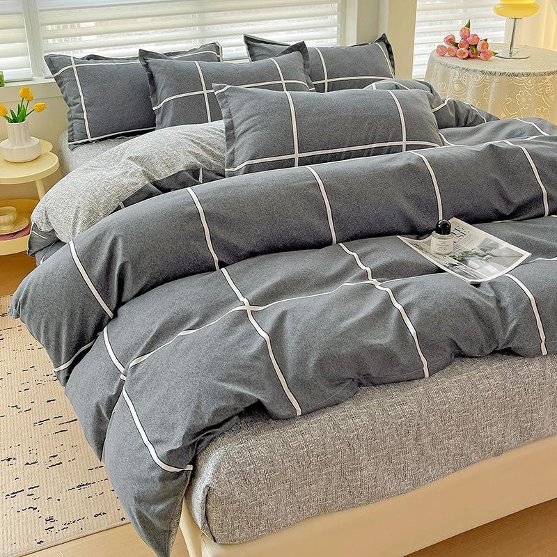 Class A Maternal Infant Grade Small Fresh Pure Cotton Abraded 4-Pcs Set, Skin-Friendly Bed Sheet Washed Cotton Quilt Cover, Dormitory 3-Piece Set