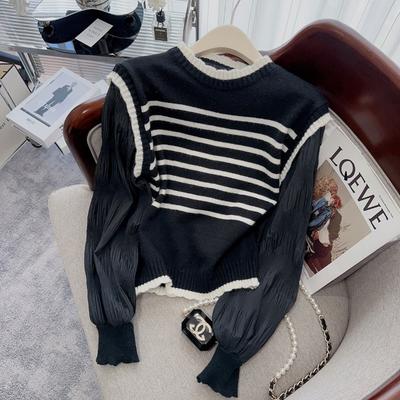 Striped Knitted Sweater Women's New Fake Two-piece Sweater Women's Great-looking Early Autumn Top