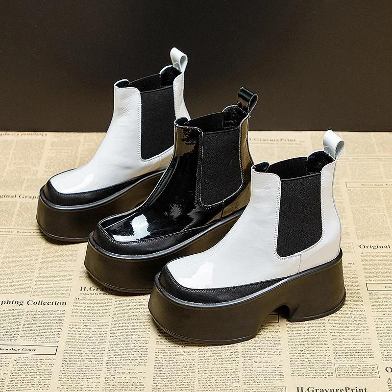 Fashion 11cm Rotro Genuine Leather Women Mid Calf Motorcycle Boots Platform Wedeg Lace Up Slip On Spring Autumn Winter Comfy Shoes