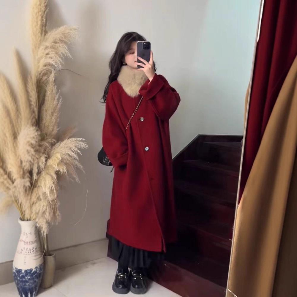 Women's Petite High-End Red Wool Coat for Autumn/Winter - Thick and Popular for New Year