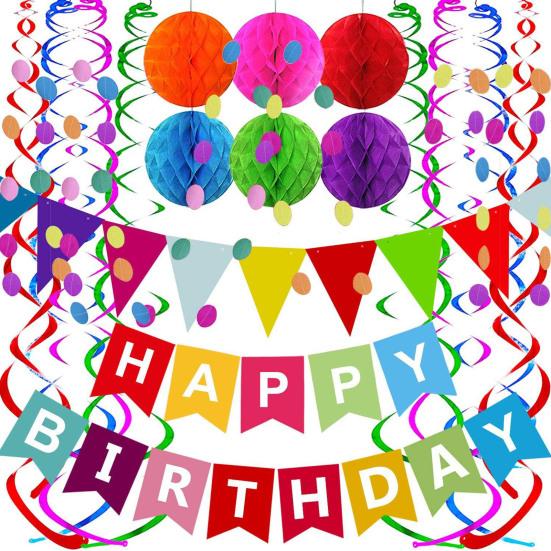 1 Set Happy Birthday Banner Rainbow Birthday Banner Circle Confetti Garland Swirl Streamers Honeycomb Ball Birthday Party Decoration
