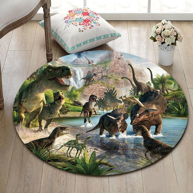 Dinosaur Dragon Design Round Printed Floor Mats Children's Bedroom Living Room Carpet Home Decor Round Floor Mats Anti-Slip Mats