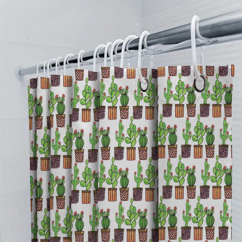 Green Cactus Pattern Shower Curtain, Home Decor, Modern Bath Decoration For Kids Room, Easy Installation In White Fabric Print