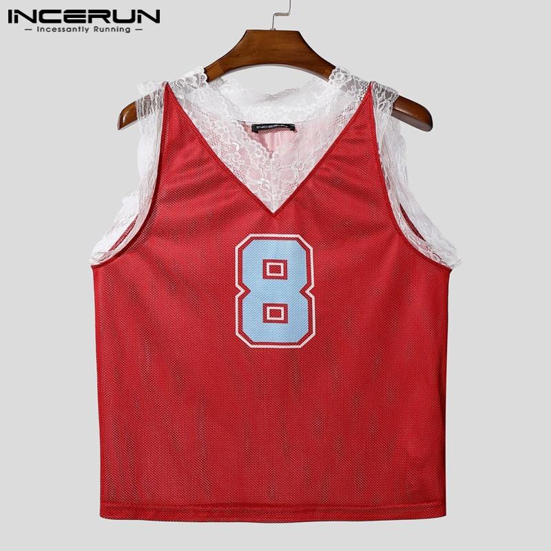 INCERUN Men Lace V Neck Sleeveless Letter Print Hollow Out Casual Tank Tops