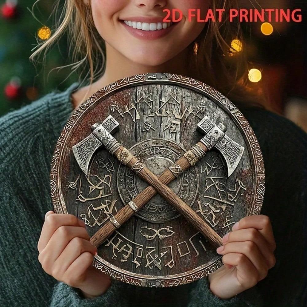 Scudo da Battaglia Vichingo Ascia Poster Metallico 8 Pollici Targhetta di Ferro Decorazione da Parete Robusta Rustica Segno Norreno