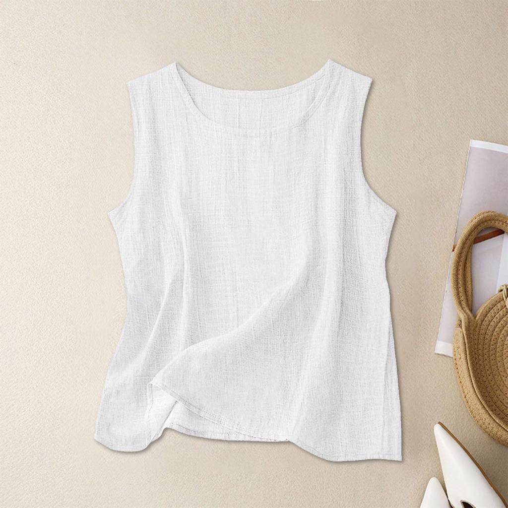 Damen ärmelloses Tanktop atmungsaktive Leinenmischung lockere Passform Basic Rundhalsausschnitt leichtes Freizeitshirt für Frühling Sommer
