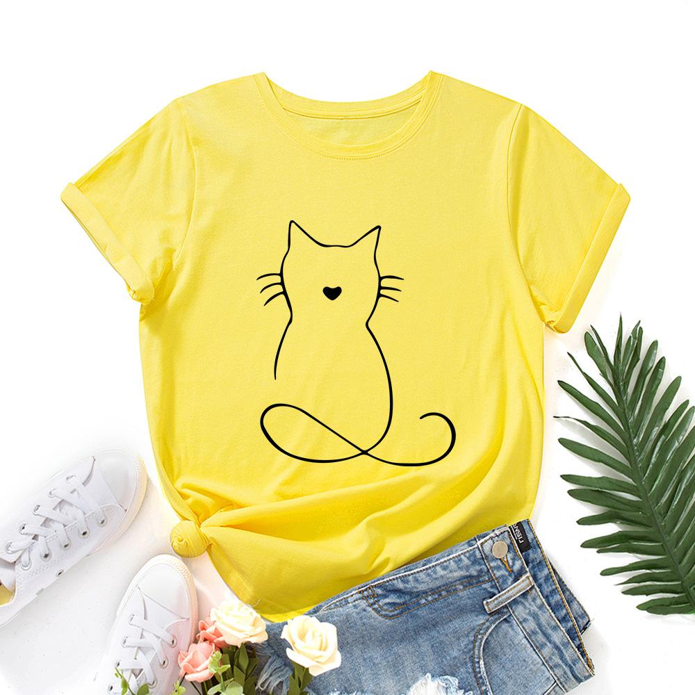 Cat Pattern Loose Cotton T-Shirt Short Sleeve Round Neck Women 2d Print Tops