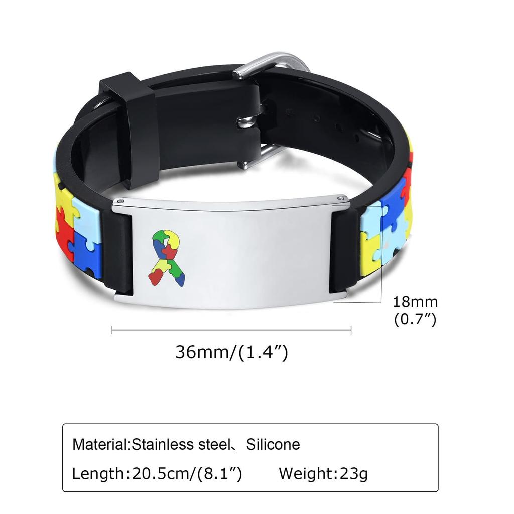 Custom Autism ID Bracelets Parents Gift To Son Boys, Colorful Puzzle Silicon Bracelet Free Engraving