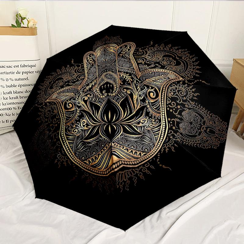 Golden Hamsa Hand Design 8-Frame for Travel, Camping, Casual Lightweight Portable Umbrella, Essential for Every Family Holidays Birthday Gift