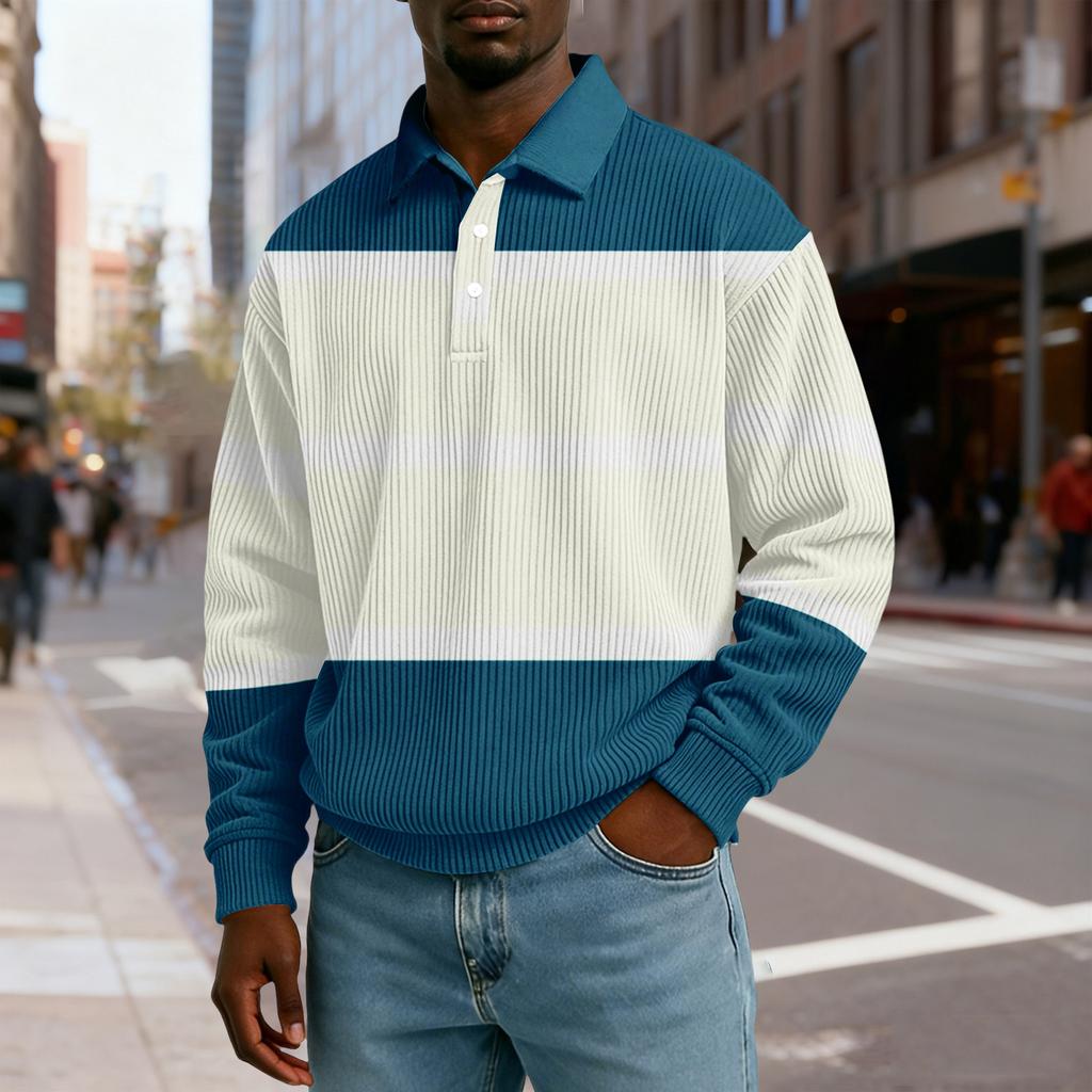 Pánské ležérní volné tričko s límečkem na knoflíčky a dlouhým rukávem