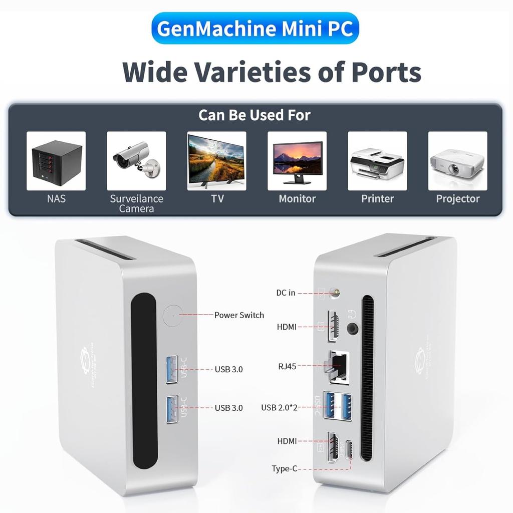 GenMachine Mini PC I5 1235U Mini Computer with Up To 16GB 512GB SSD Gaming PC for and Design 3.4GHz 10c/12t, DDR4, & M.2 NVME, Wi-Fi 6/BT 5.2, Gaming,
