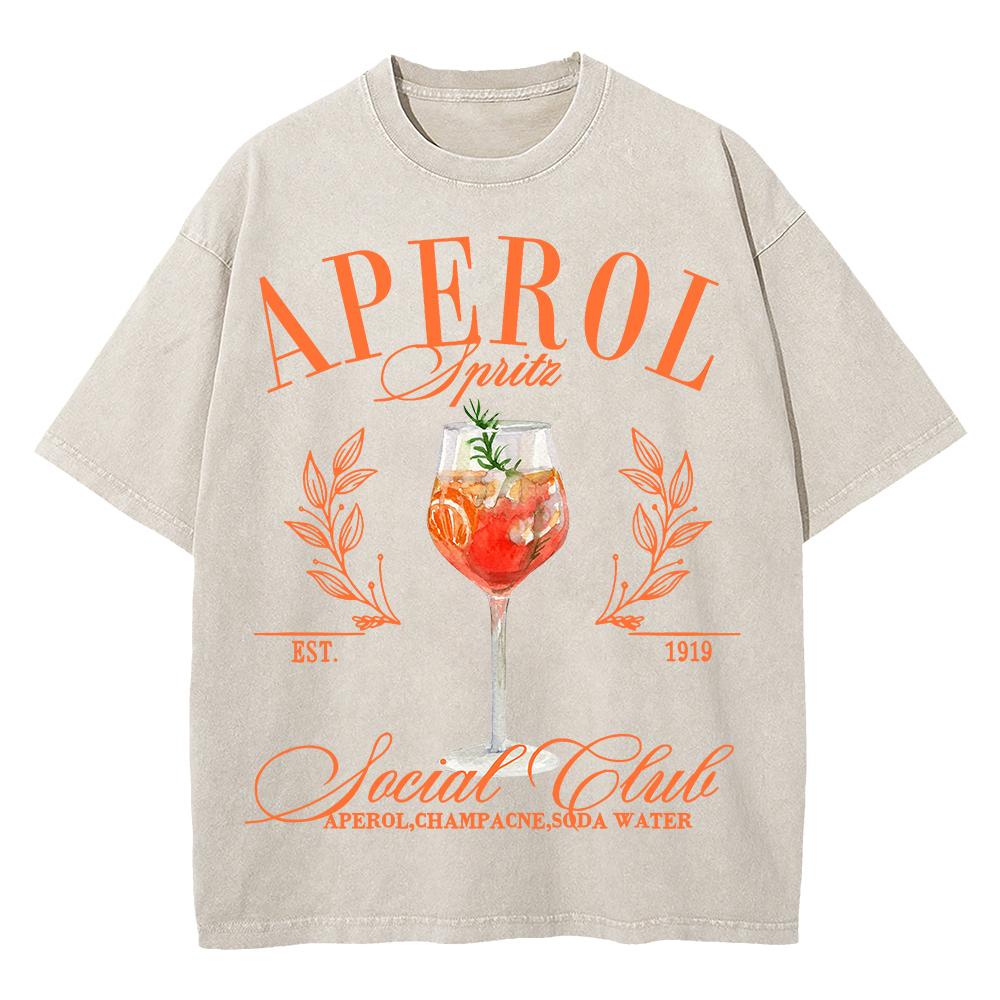 Cotton Vintage Washed Aperol Spritz Club Tshirt New Fashion Men Casual Retro Lemon Cool Oversize Loose Acid Wash Tee Shirt