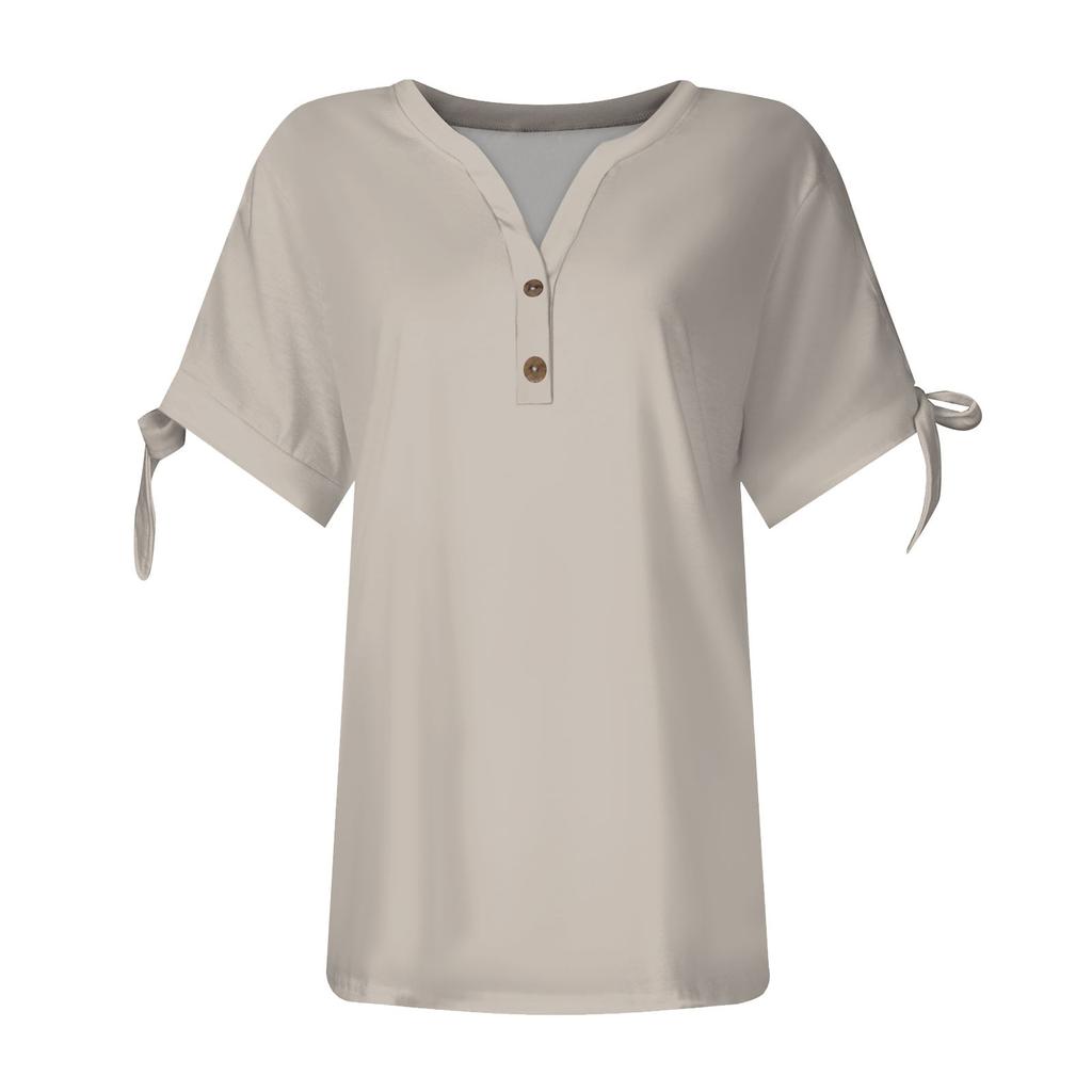 Women's Fashion Summer V-Neck Bow Short Sleeve Solid Color Button T-Shirt Top