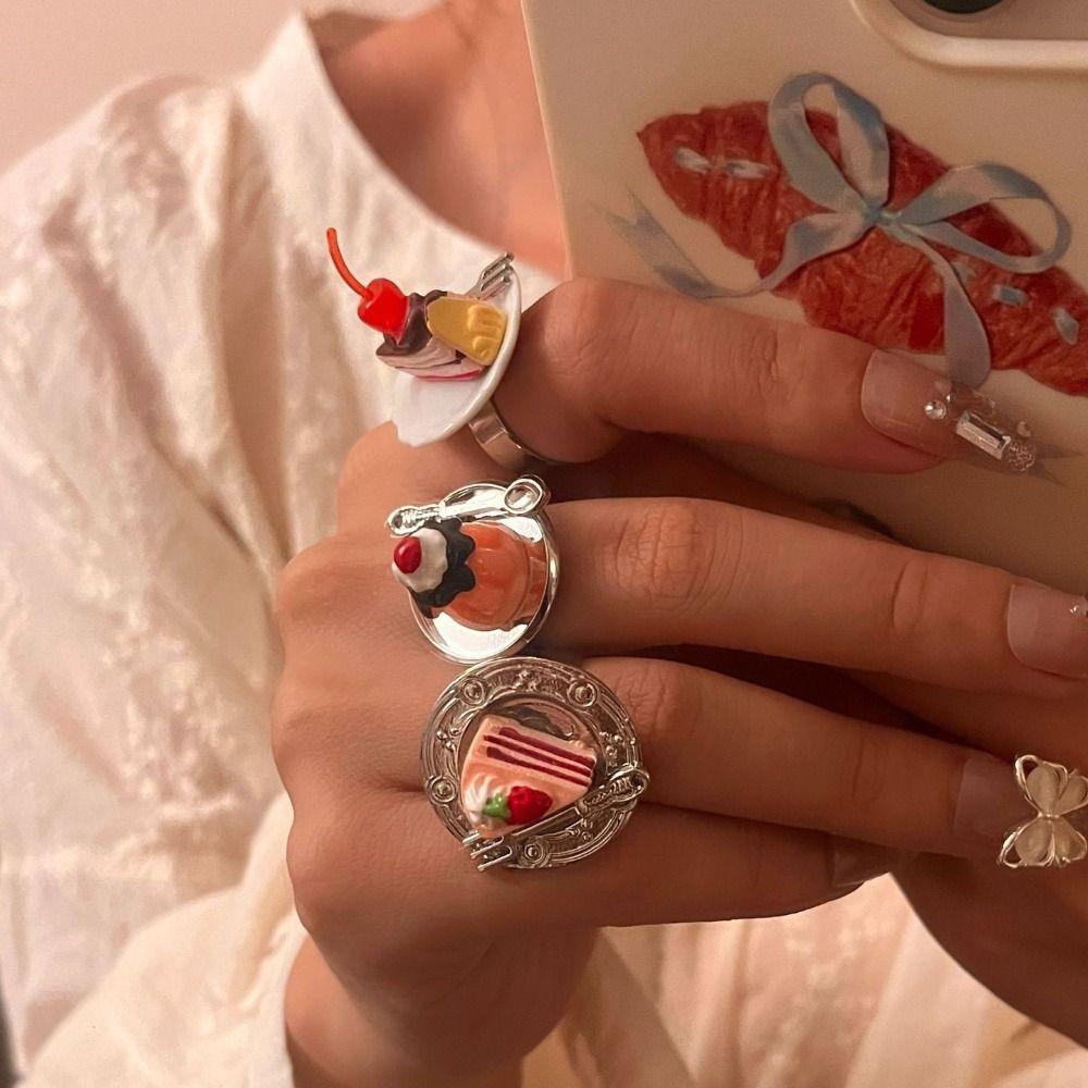 

Spoon Strawberry Cake Ring Open Adjustable Dessert Ring Sweet Jelly Finger Ring Overlay J