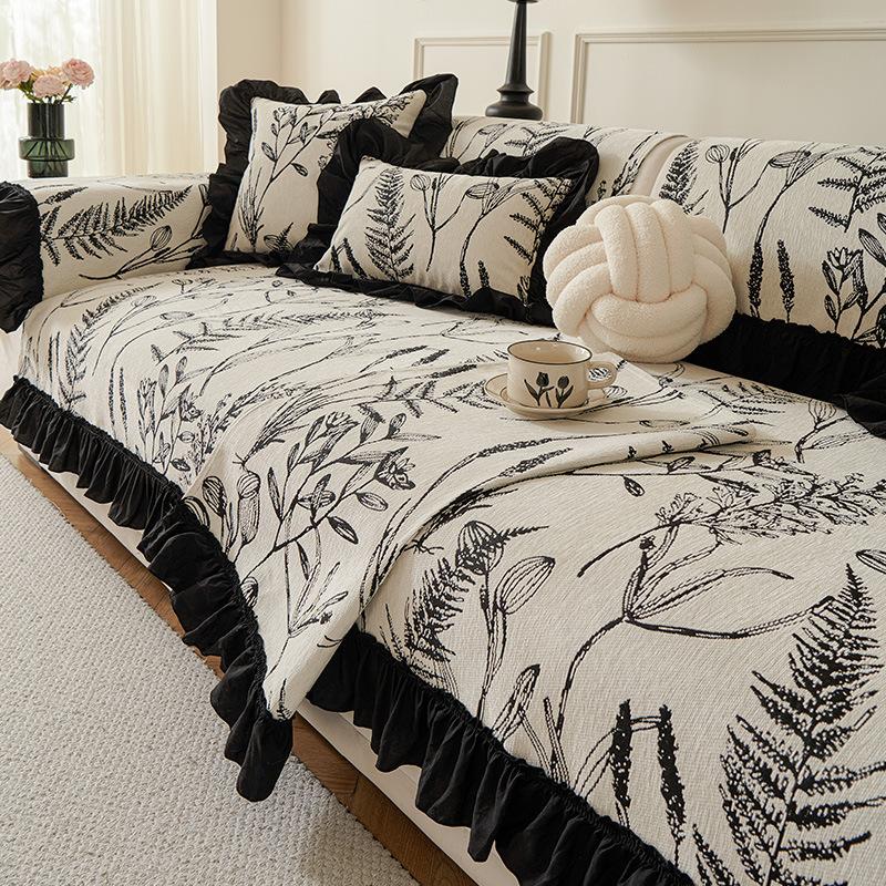 French Sofa Cushion, Universal In All Seasons, Non-Slip, Chenille Fabric, Leaf Ruffle Edge Seat Cushion, Simple Full Set Of Cover