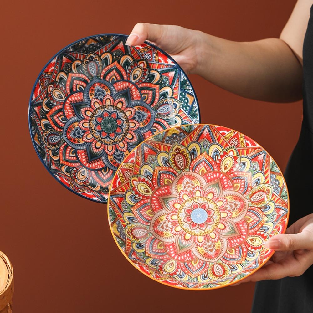Flower Pattern Dinner Plate Colorful Meal Dish Household Bohemian Ceramic Plate Housewarming Gift