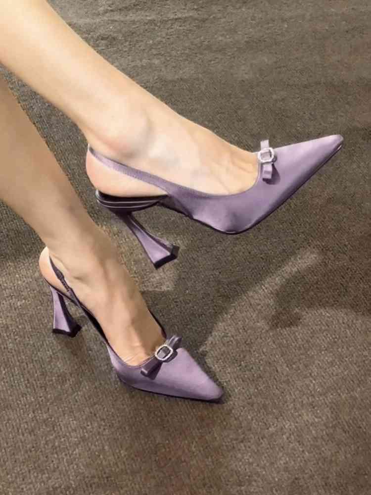2025 Summer New Purple Satin Horseshoe Heel Bow Sandals Women's Pointed Rhinestone Buckle Sexy High Heels