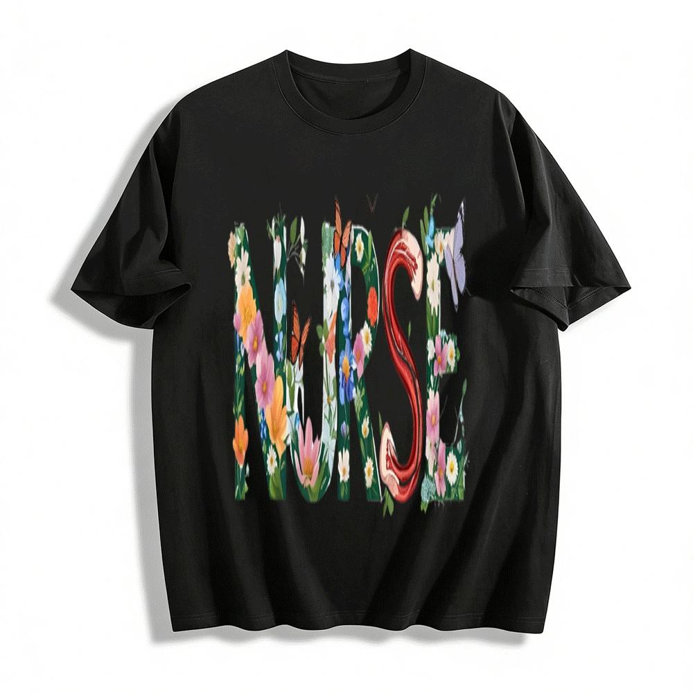 

Floral Nurse Print Crewneck Tee Women Casual Short Sleeve Top Pure cotton T-shirt XXS