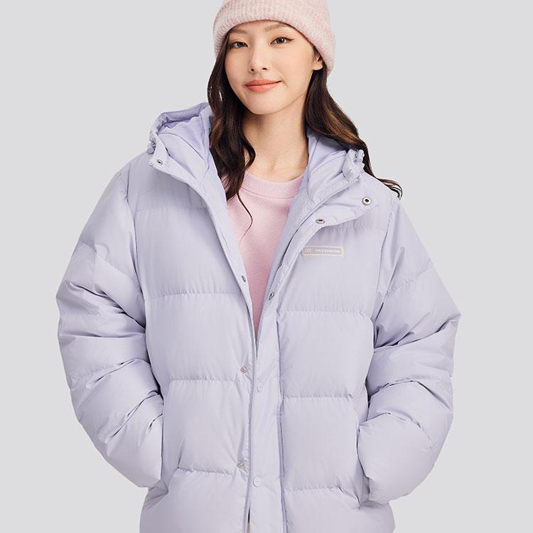 Skechers Windproof Waterproof Oil-Resistant Teflon Three-Proof Warm Duck Down Hooded Jacket Unisex Outerwear Misty-Purple L324U154-04PG