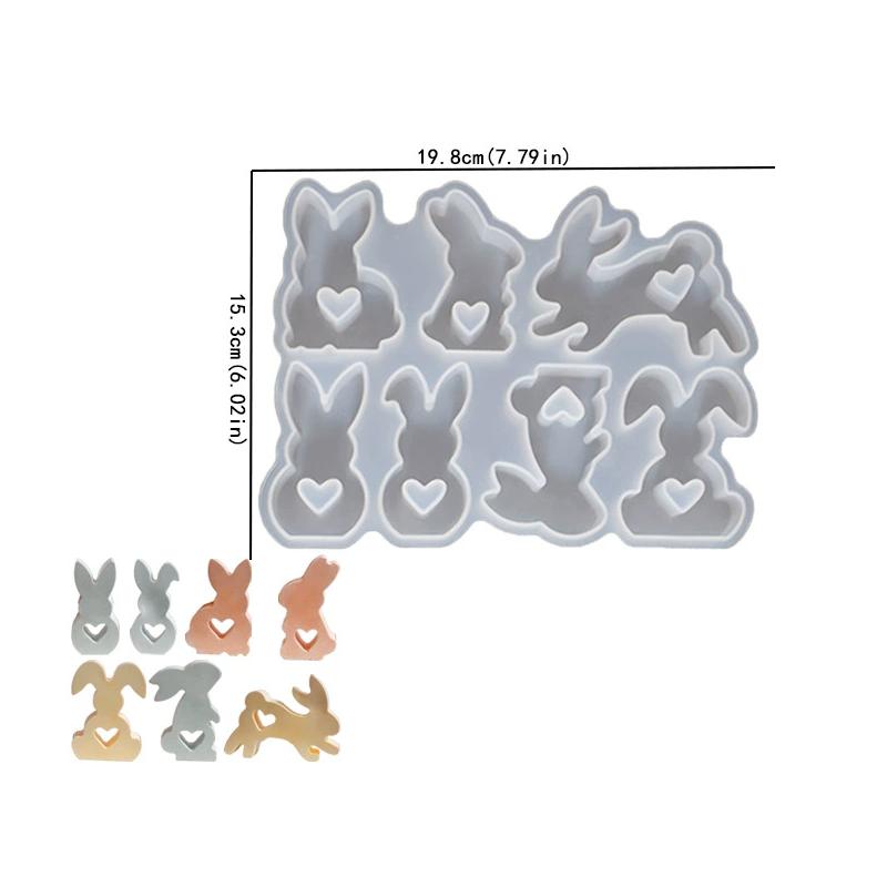 WTEMPO 7-Cavity Epoxy Resin Silicone Mold Heart Small Rabbit Shaped Scented Candles Mold DIY Three-dimensional Cute Bunny Plaster Figurine Clay Mold